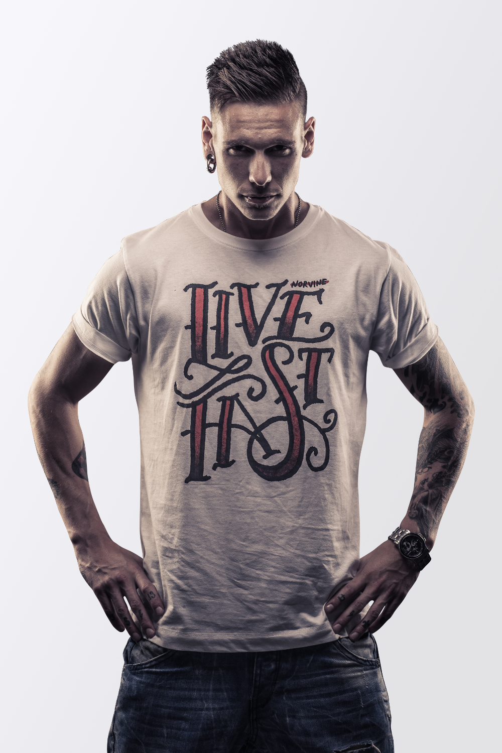 Callisto Live Fast T-shirt featuring bold graphic design in black and white, casual fit, on a plain background.