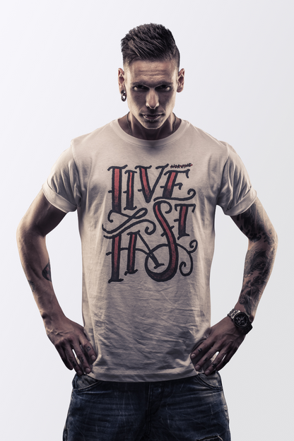 Callisto Live Fast T-shirt featuring bold graphic design in black and white, casual fit, on a plain background.