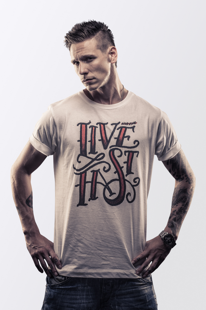 Black Callisto Live Fast T-shirt with bold graphic design, featuring short sleeves and a crew neckline.