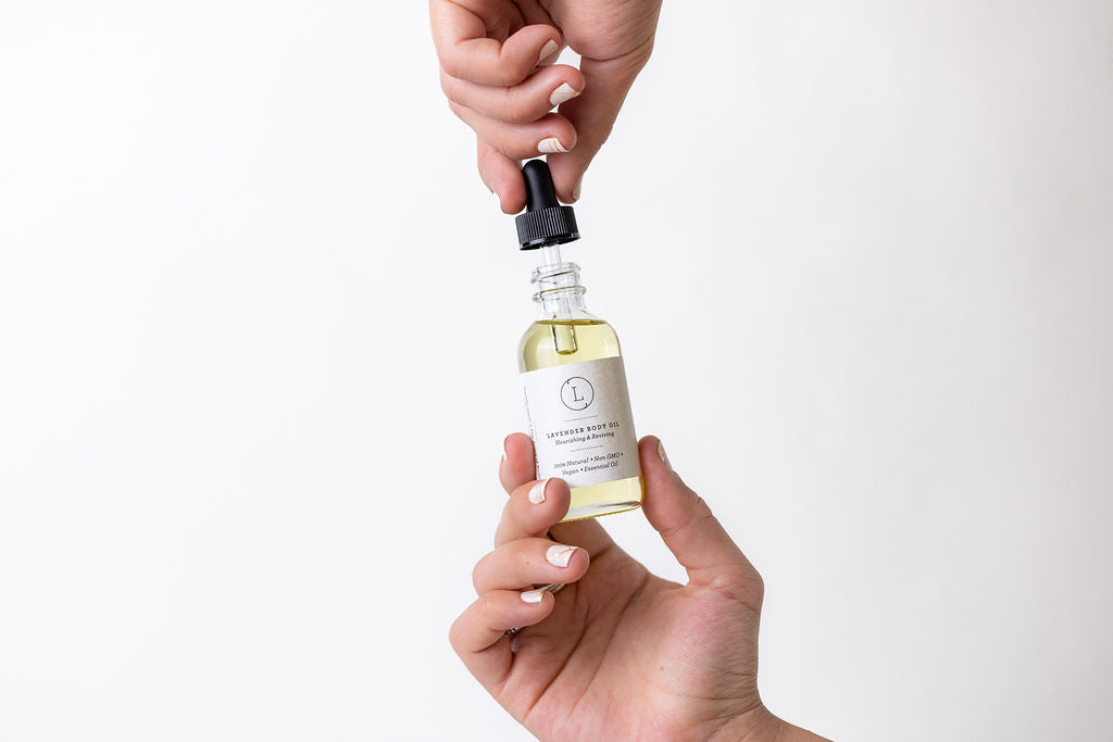 DC-Lizush Lavender Body Oil bottle with natural moisturizing body oil and lavender scent, displayed on a neutral background.