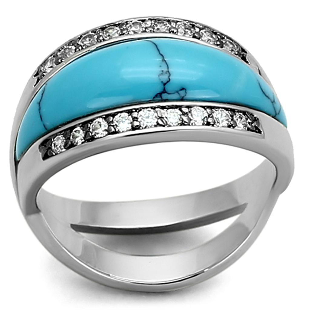 Turquoise Tiger LOA882 rhodium brass ring featuring a synthetic sea-colored stone, elegant jewelry accessory, close-up view.