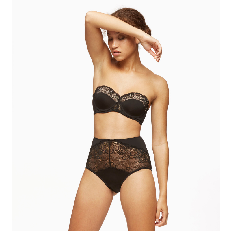 Black longline strapless padded lace bra from Lime Lucy, featuring sheer fabric and high-waist design for elegant lingerie style