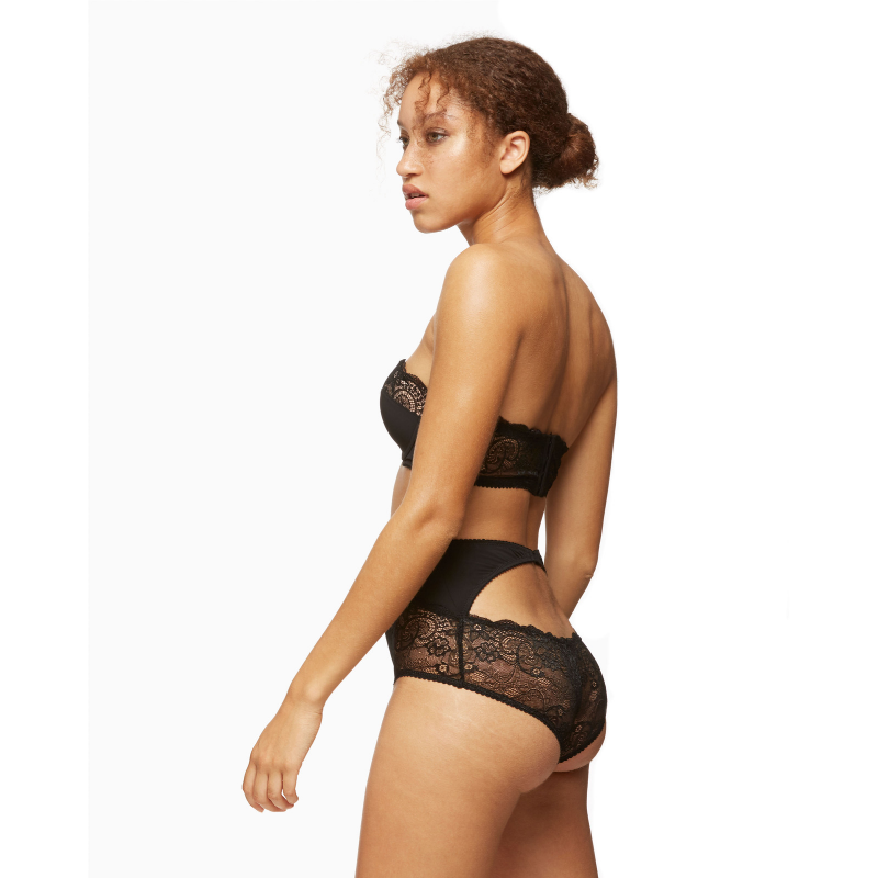 Longline strapless padded lace bra from Lime Lucy in black, featuring sheer fabric and high-waist design, part of blush lingerie collection.