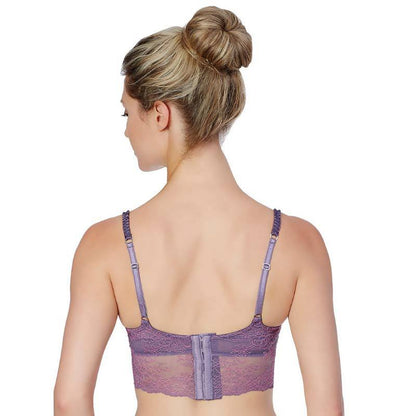 Lime Lucy Montelle Boudoir Glamour longline lace demi cup bra in purple, back view, elegant lingerie with intricate lace details.