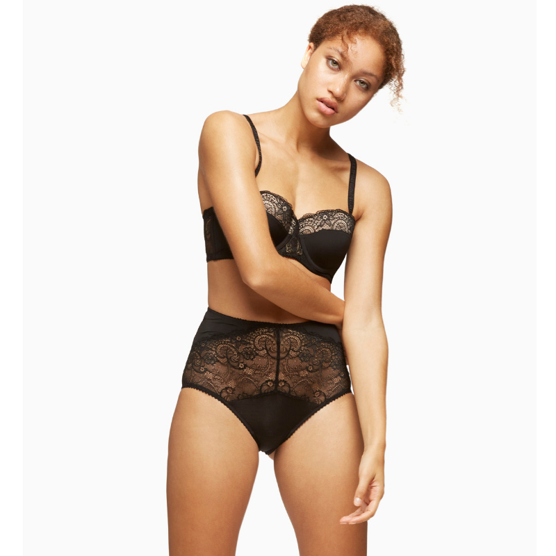 Longline black padded lace strapless bra from Lime Lucy, featuring sheer details and high-waist design for stylish lingerie.