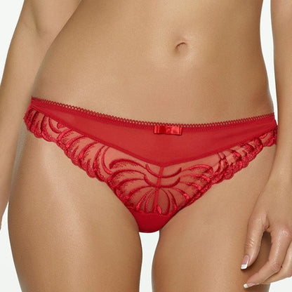Red Felina Lana sheer low-rise thong panty from Lime Lucy featuring delicate lace and minimal coverage.