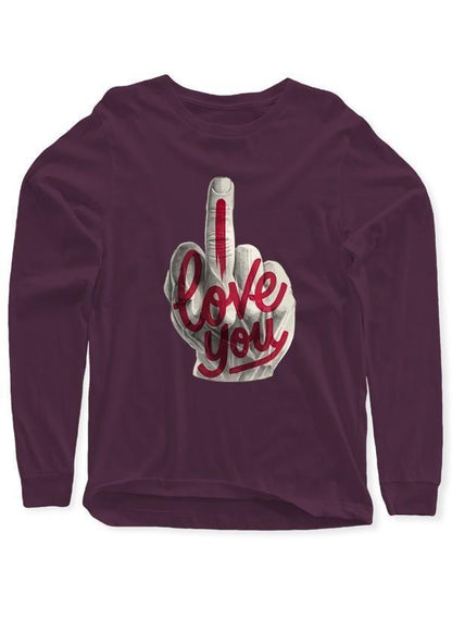 Black, green, and purple I Love You full sleeves T-shirt by Scorpius with bold text and comfortable fit.