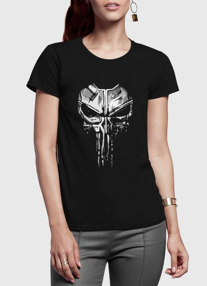 Black Skull Half Sleeves Women’s T-shirt by Scorpius, featuring a bold skull design on a comfortable black T-shirt.