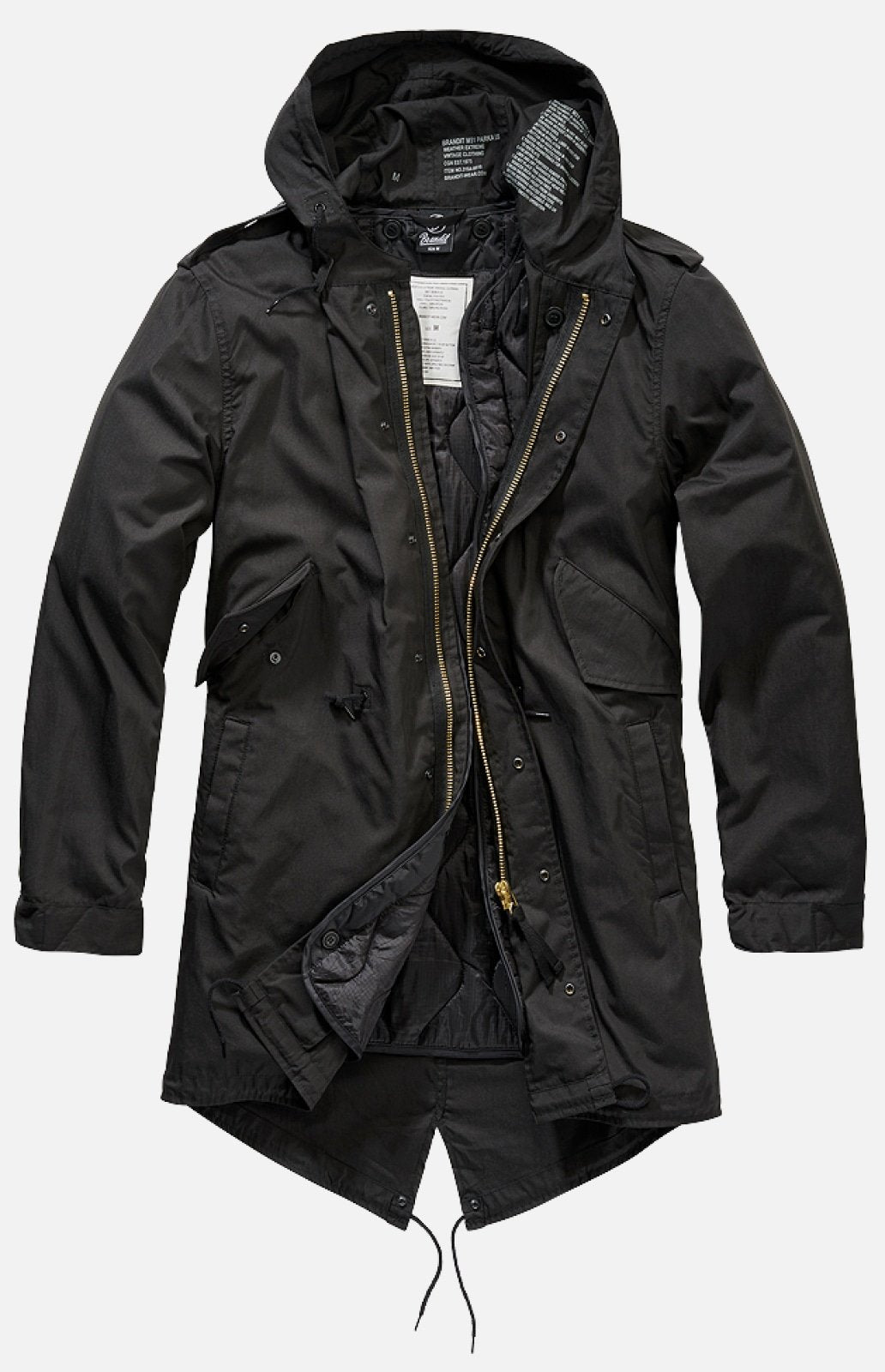 Black M51 US Parka jacket by Callisto, featuring a rugged design with front pockets and a hood, perfect for cold weather.