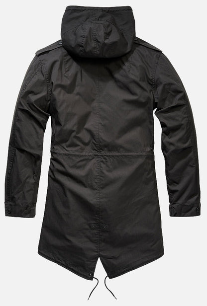 Black M51 US Parka jacket by Callisto, featuring a rugged military style with a hood and multiple pockets.