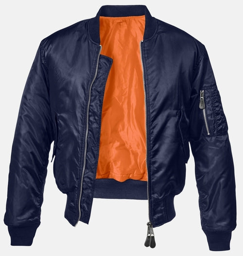 Callisto MA1 bomber jacket in olive with ribbed cuffs and collar, front zipper, and utility pockets, styled for casual wear.