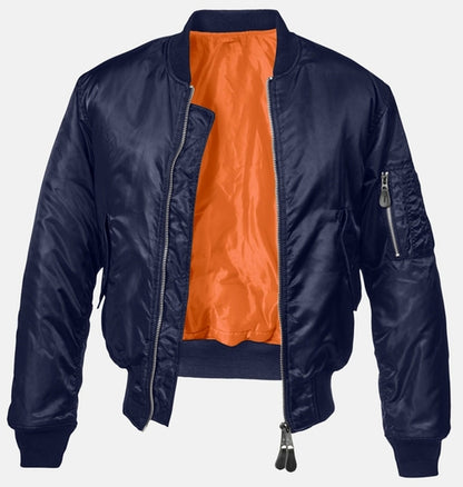 Callisto MA1 bomber jacket in olive with ribbed cuffs and collar, front zipper, and utility pockets, styled for casual wear.