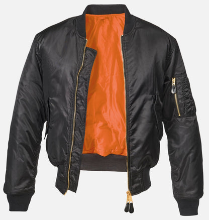 Callisto MA1 bomber jacket in olive green with ribbed cuffs and collar, displayed on a hanger.