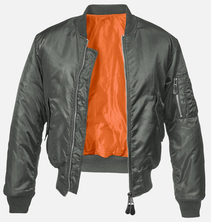 Callisto MA1 bomber jacket in olive green, shown on a hanger with front zipper and ribbed cuffs, stylish outerwear for men.