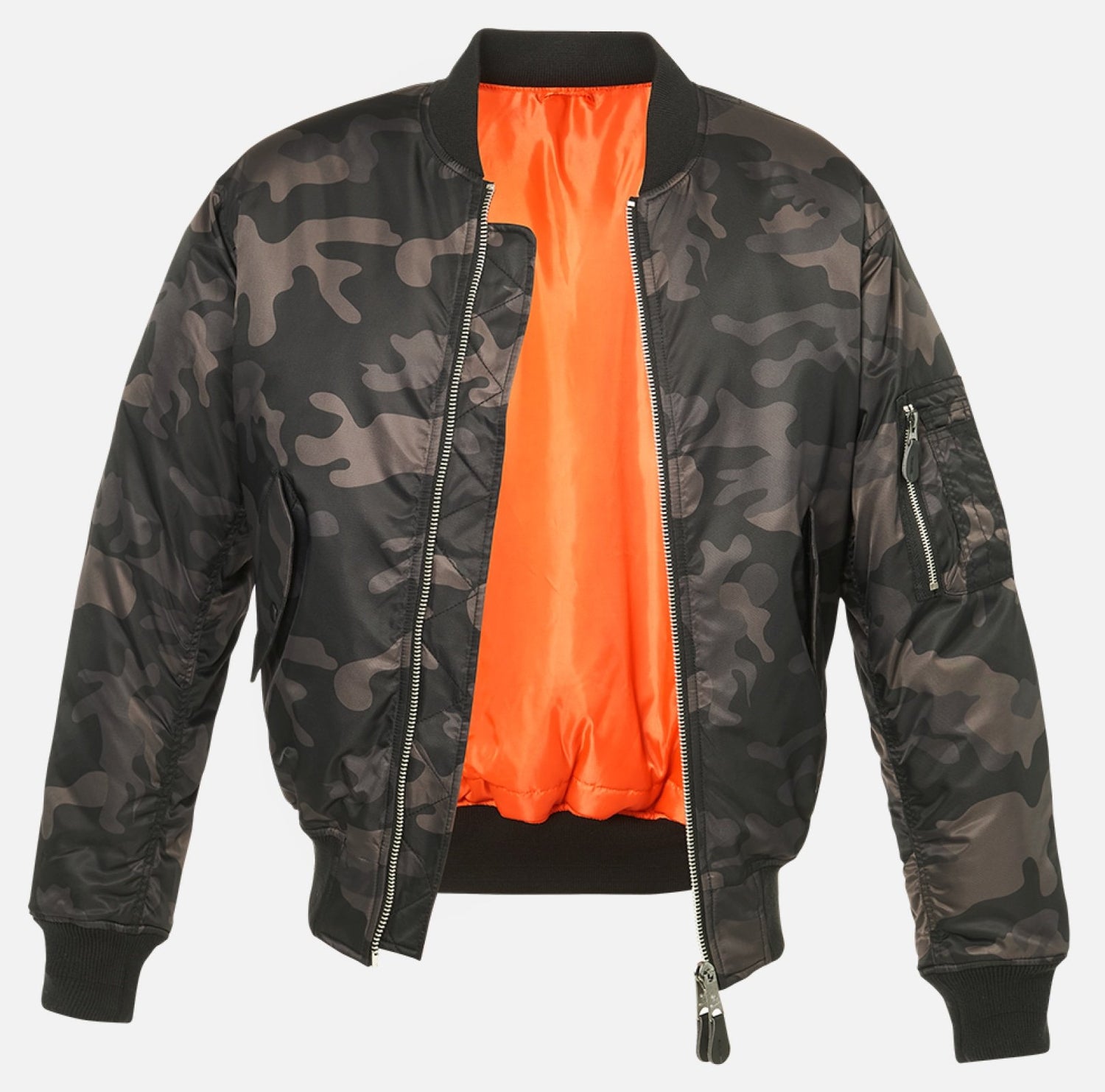 Callisto MA1 bomber jacket in navy with ribbed cuffs and collar, displayed on a hanger with a plain background.