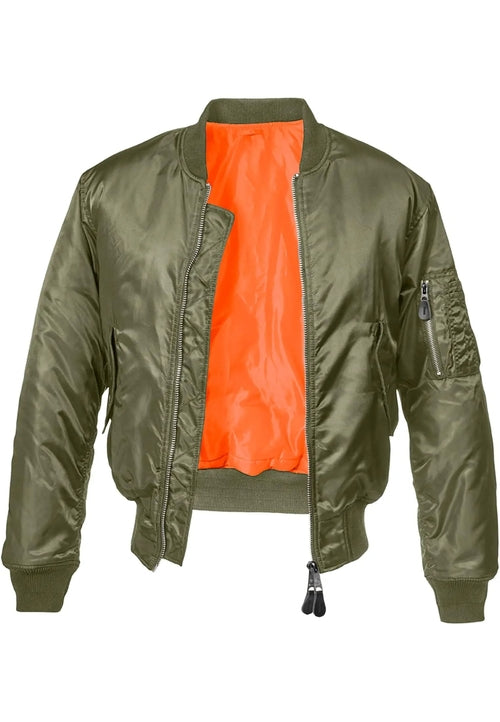 Callisto MA1 bomber jacket with heavy fabric and multiple pockets, displayed on a hanger.