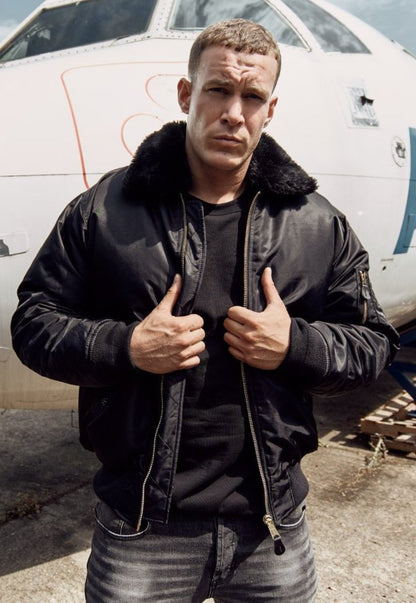 All-black Callisto MA2 fur collar bomber jacket with front zipper and ribbed cuffs, stylish outerwear for cold weather.