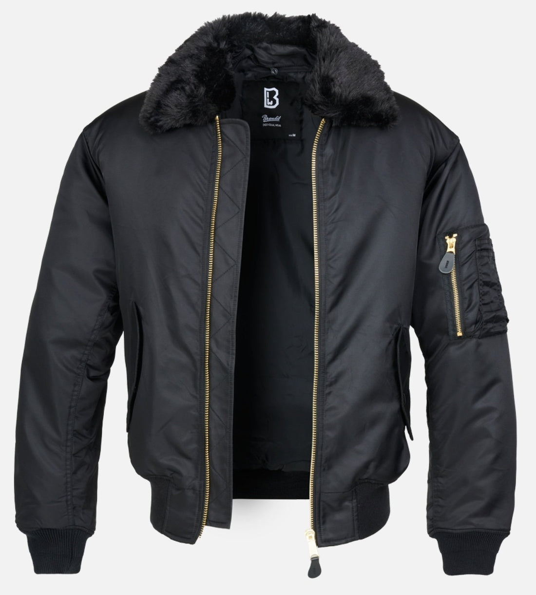 All-black Callisto MA2 fur collar bomber jacket with a sleek design, featuring a fur-lined collar and classic bomber style.
