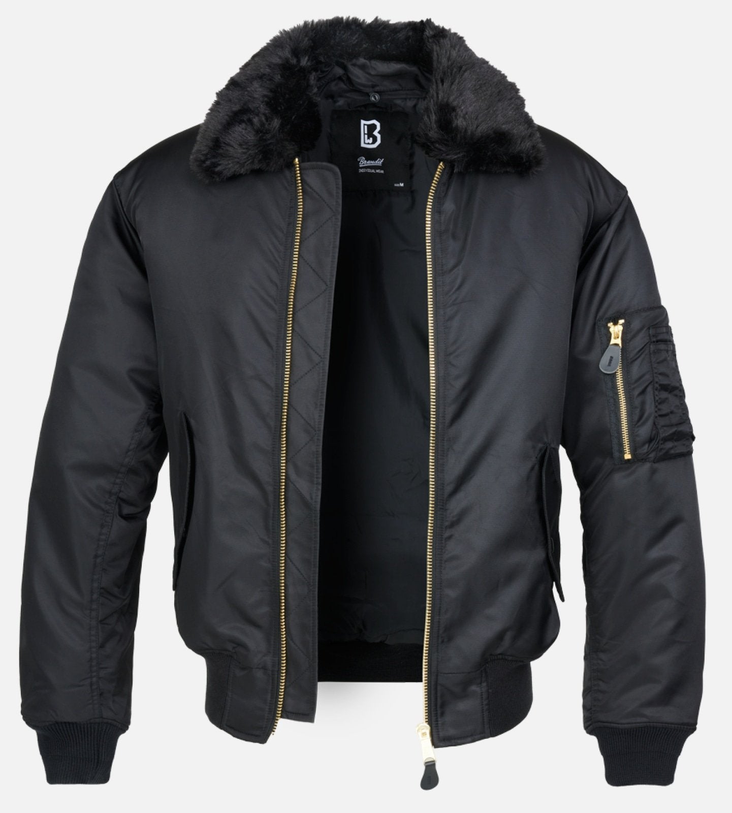 All-black Callisto MA2 fur collar bomber jacket with a sleek design, featuring a fur-lined collar and classic bomber style.