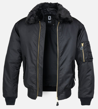All-black Callisto MA2 fur collar bomber jacket with a sleek design, featuring a fur-lined collar and classic bomber style.