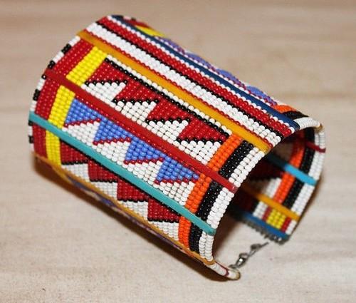 Colorful Maasai beaded bracelet featuring traditional patterns from White Baobab, showcasing vibrant ethnic beadwork.