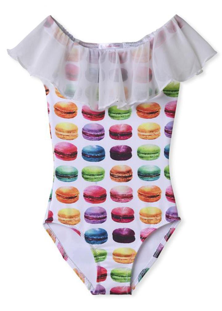 Pink macaroon chiffon draped swimsuit for girls by Ivory Trillium, featuring a stylish and comfortable kid&