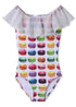Pink macaroon chiffon draped swimsuit for girls by Ivory Trillium, featuring a stylish and comfortable kid&
