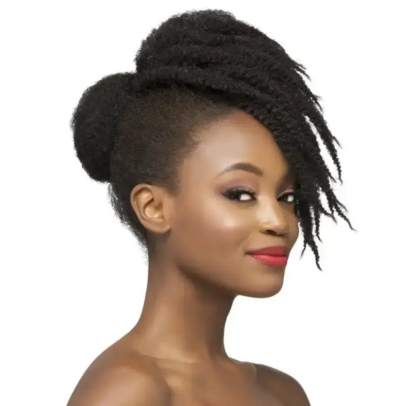 Peach Clymene Marilyn braided wig with bangs from the Bang &amp; Bun Collection, showcasing dark hair with intricate braids and bangs.