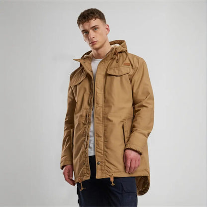 Callisto Marsh Lake Parka Jacket in heavy fabric, shown on a hanger, highlighting its durable design for cold weather.