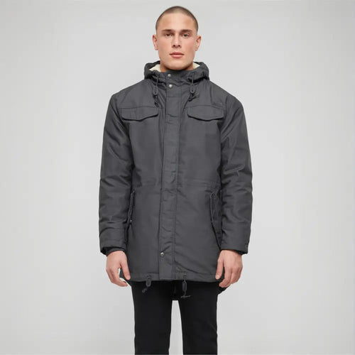 Callisto Marsh Lake Parka Jacket, a heavy-duty winter jacket with a hood, displayed on a hanger.