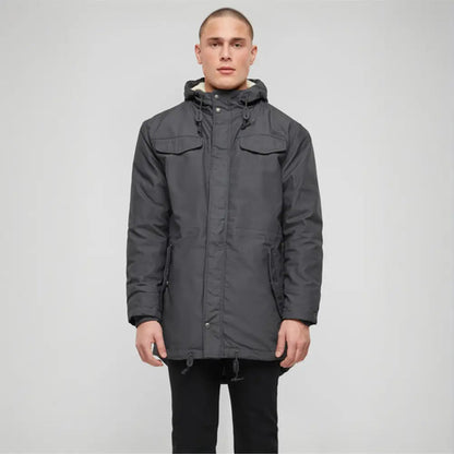 Callisto Marsh Lake Parka Jacket, a heavy-duty winter jacket with a hood, displayed on a hanger.
