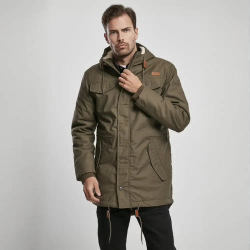 Callisto Marsh Lake Parka jacket shown in heavy-duty fabric, featuring a hood and front pockets, ideal for cold weather.