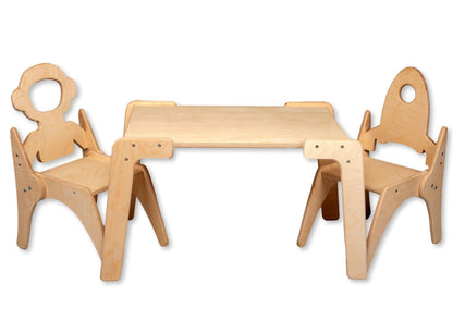 Red Oceanus Montessori table and chair set for children, featuring a wooden table with matching chairs suitable for learning and play.