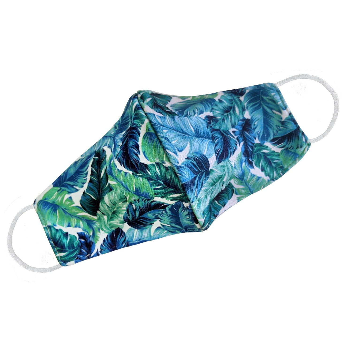 Cyan Poppy tropical banana leaves face mask for women featuring vibrant green leaf pattern on fabric.