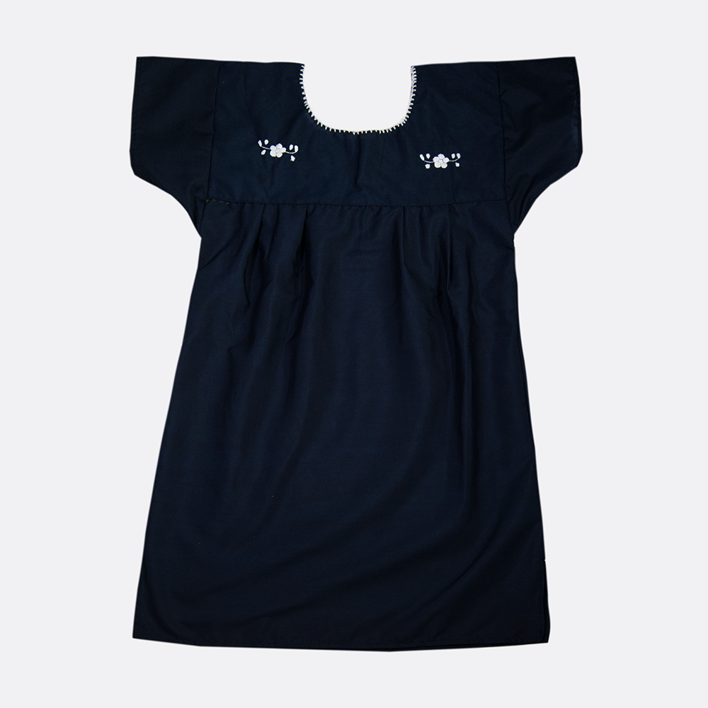 Navy blue boho chic dress with white floral patterns for women by Violet Athena, flowing and stylish for casual wear.