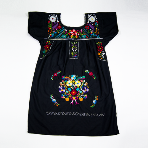 Black Mexican dress with multicolored floral embroidery, women&