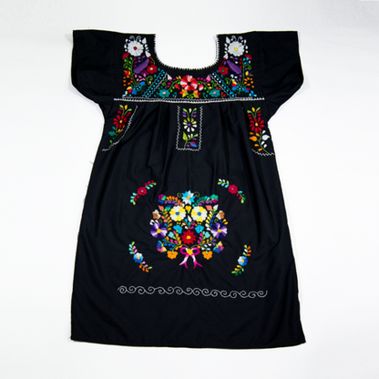 Black Mexican dress with multicolored floral embroidery, women&