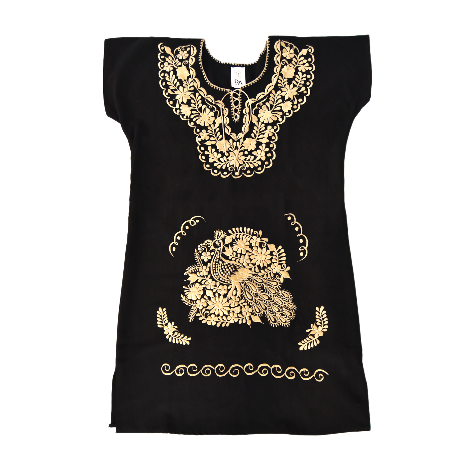 Golden embroidered Mexican folk dress for women by Violet Athena, featuring intricate traditional embroidery and vibrant fabric details.