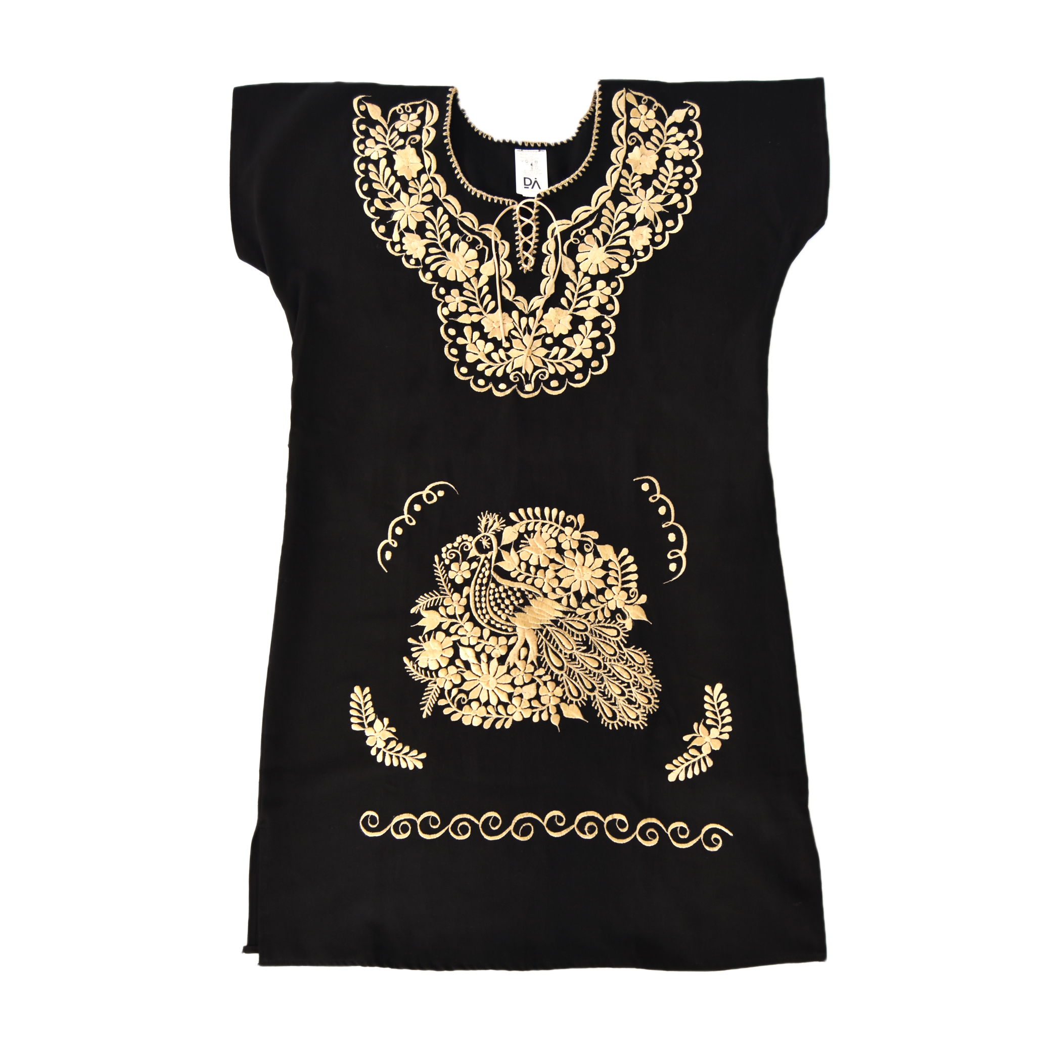 Golden embroidered Mexican folk dress for women by Violet Athena, featuring intricate traditional embroidery and vibrant fabric details.