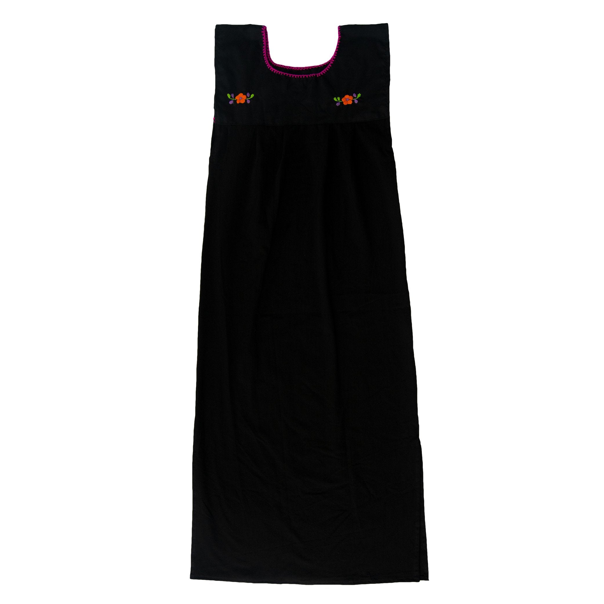Black Maxi Isidra dress by Violet Athena with hand-embroidered colorful floral details, flowing women&