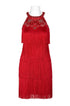 Red Aidan Mattox embellished halter neck dress with keyhole back and tiered tassels, designed for women&