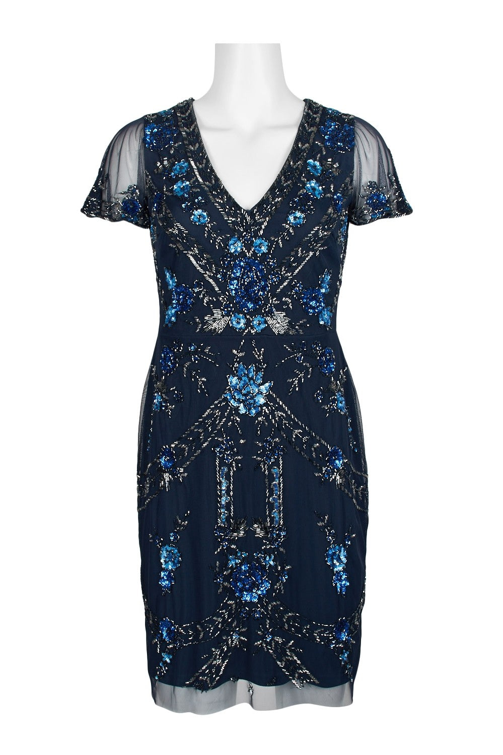 Crimson Bamboo Aidan Mattox V-neck short sleeve mesh dress with embellished details and zipper back, perfect for elegant occasions.