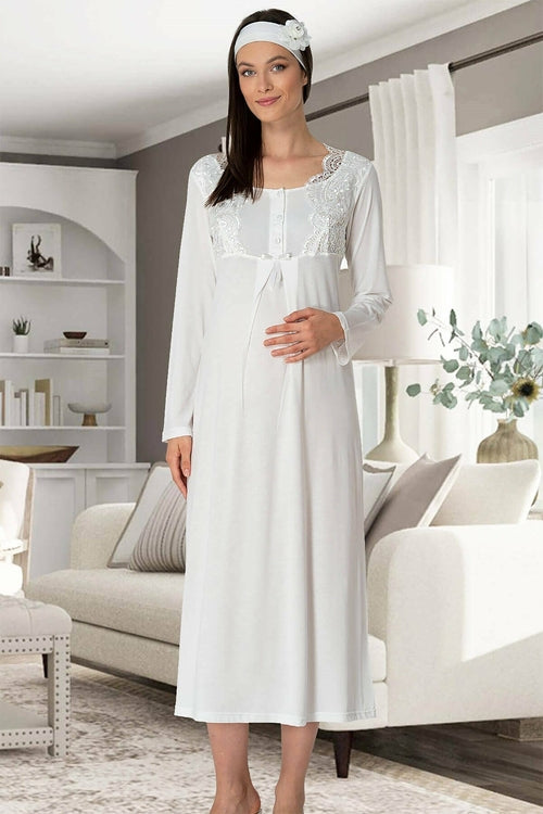 Burgundy Artemis Shopymommy 5343 maternity and nursing nightgown in light cream, featuring soft fabric and comfortable fit.
