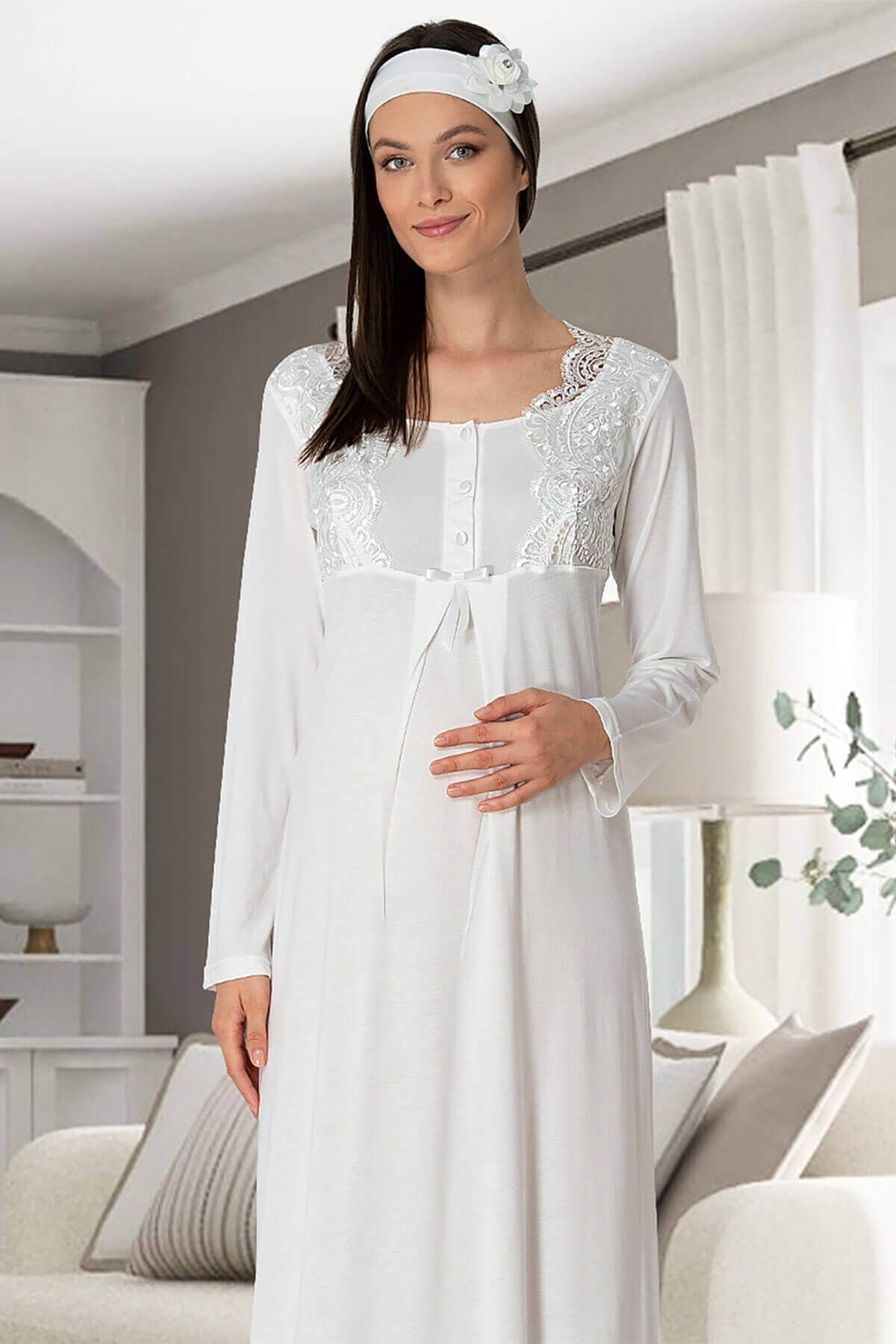 Burgundy Artemis Shopymommy 5343 maternity and nursing nightgown in light cream, soft fabric, with lace detailing.