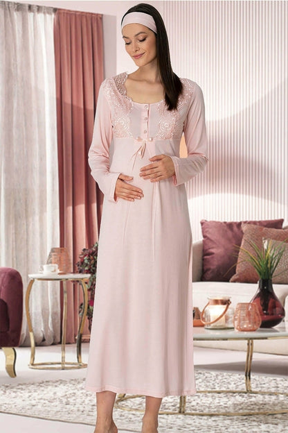 Burgundy Artemis Shopymommy 5343 maternity and nursing nightgown in soft blush pink, featuring comfortable lingerie design.