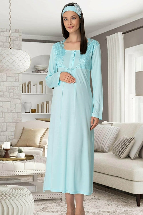 Burgundy Artemis Shopymommy 5343 maternity and nursing nightgown in turquoise, featuring soft fabric and comfortable fit.