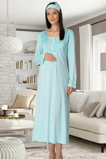 Burgundy Artemis Shopymommy 5343 maternity and nursing nightgown in turquoise, featuring soft fabric and comfortable fit.