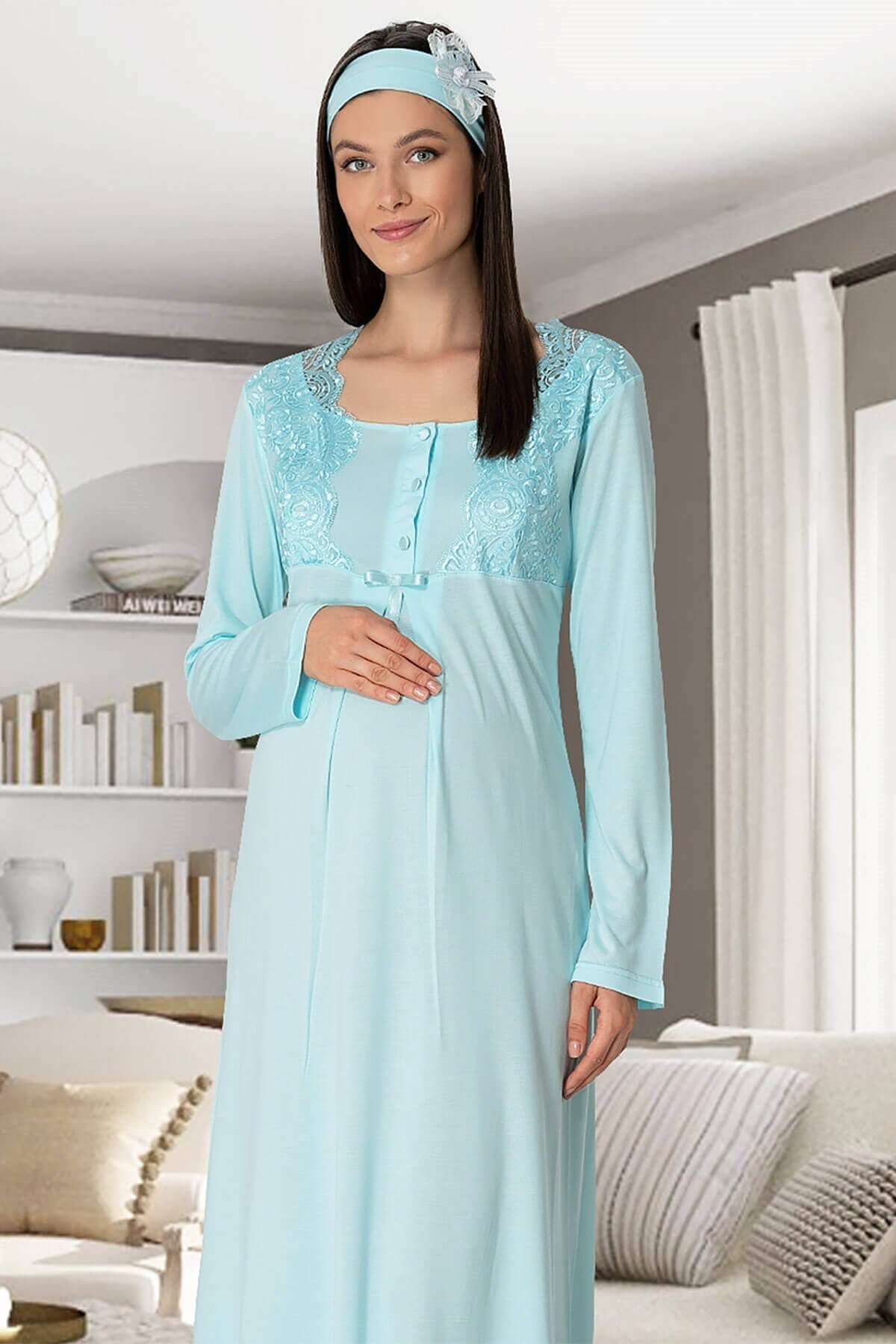 Burgundy Artemis Shopymommy 5343 maternity and nursing nightgown in turquoise, featuring soft fabric and comfortable fit.