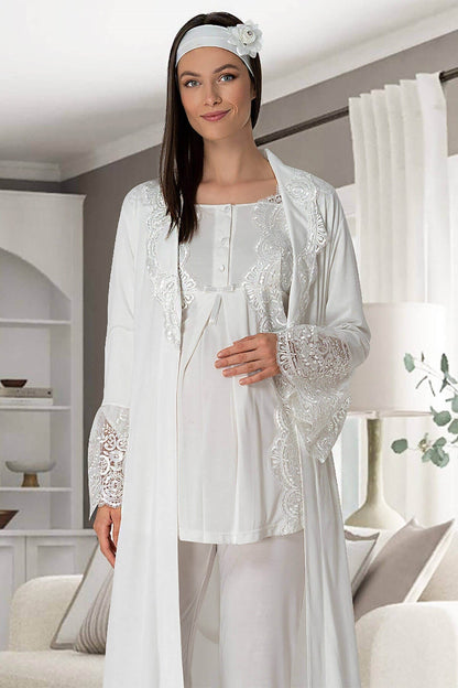 Burgundy Artemis Shopymommy 5353 Sandra 3-piece maternity and nursing pajamas set in ivory, featuring comfortable lingerie and underwear.