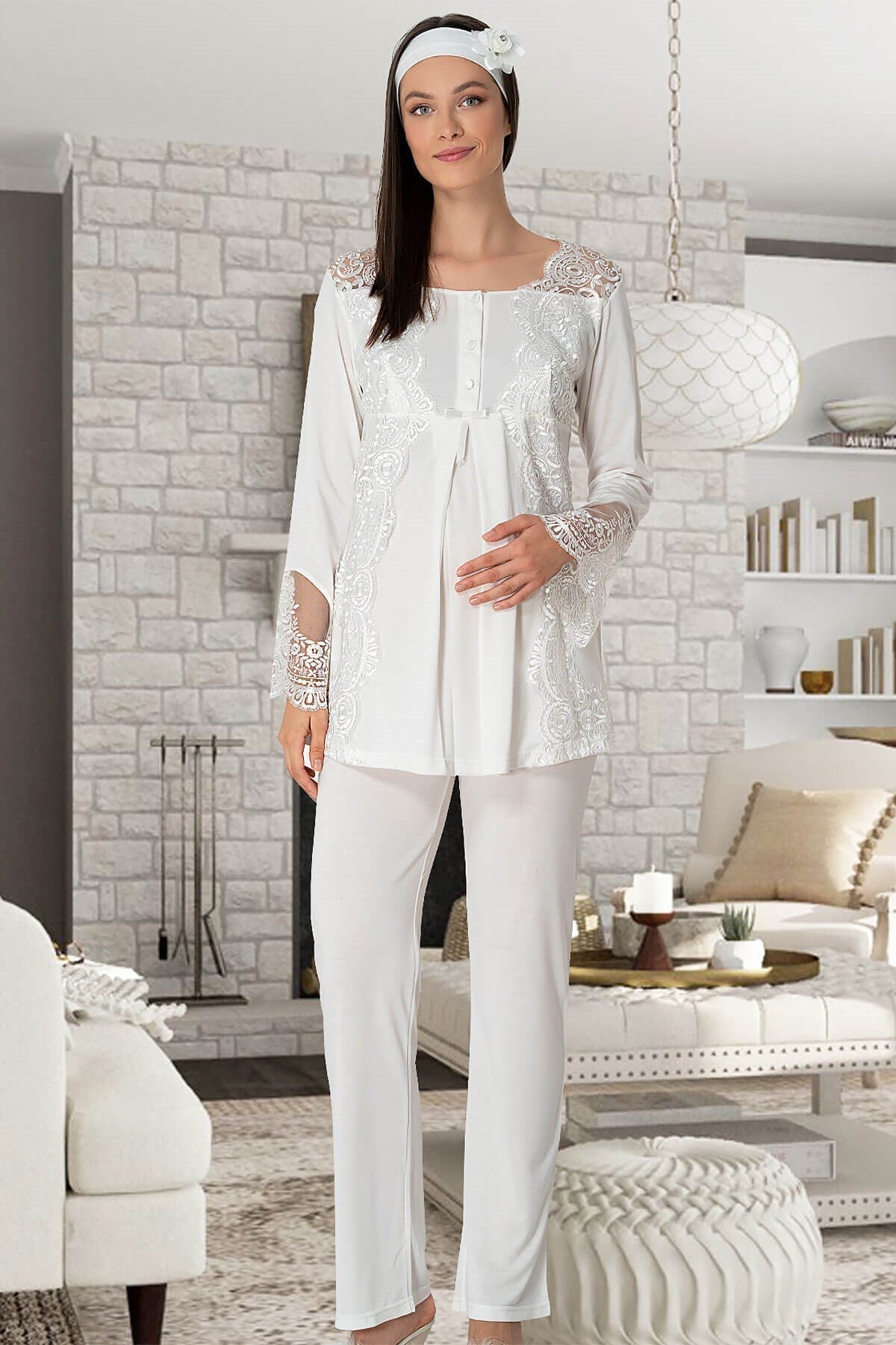 Burgundy Artemis Shopymommy Sandra 3-piece maternity and nursing pajamas set in light cream, featuring soft fabric and comfortable fit.